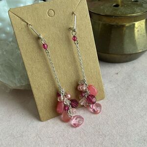 Y2K Silver Pink Shoulder Duster Beaded Earrings